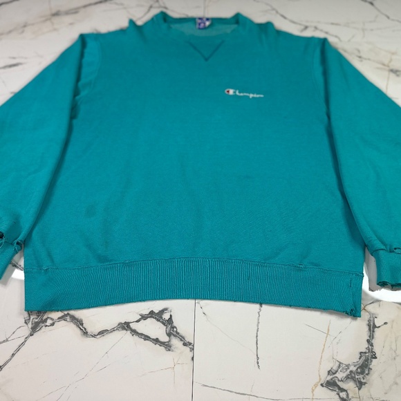 VINTAGE 90s CHAMPION CREW NECK SWEATSHIRT SZ XL TEAL BLUE THRASHED/FADED - Picture 6 of 12